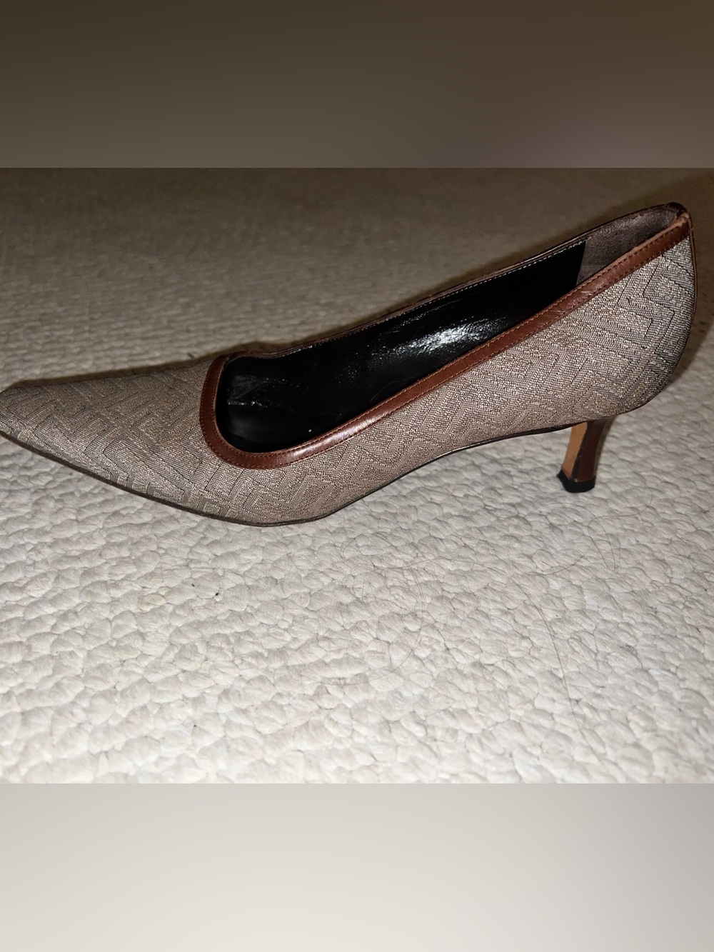 a. testoni Taupe Fabric Pointed Pump with Brown Trim